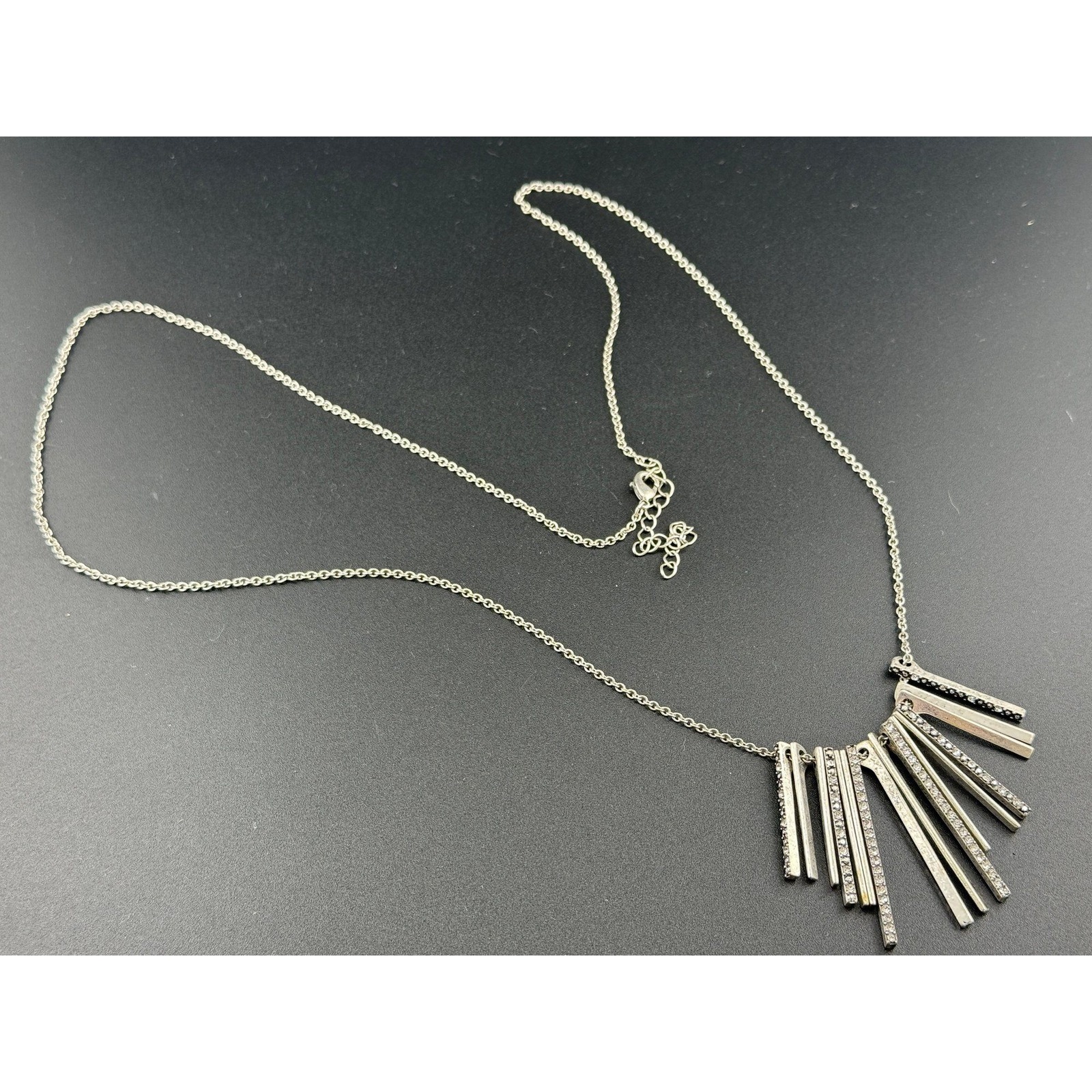 Silver Tone Bar Pendant Necklace Rhinestone Accents Extender Clasp